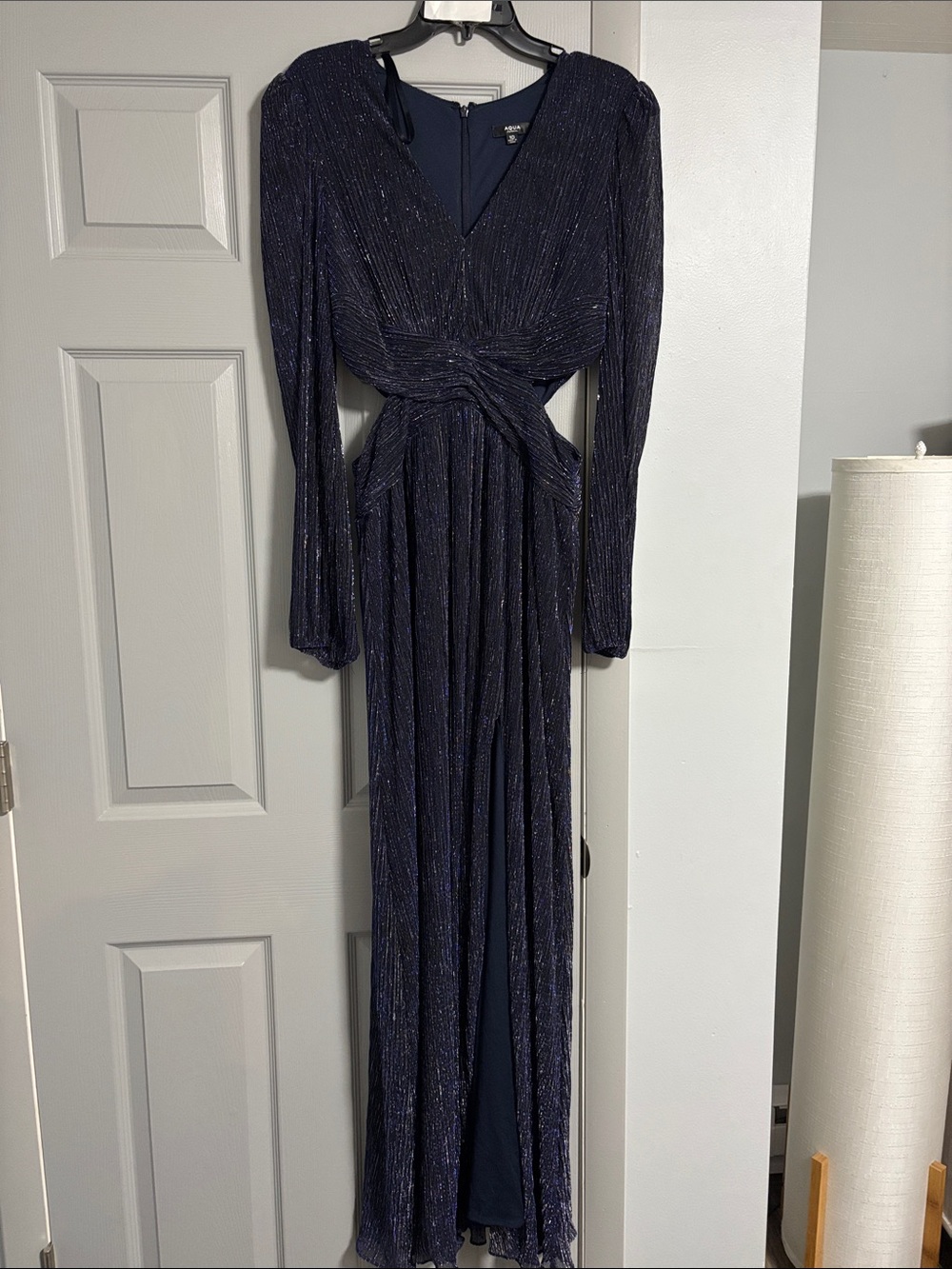 Aqua Midnight Blue Metallic Twist-Waist Evening Dress